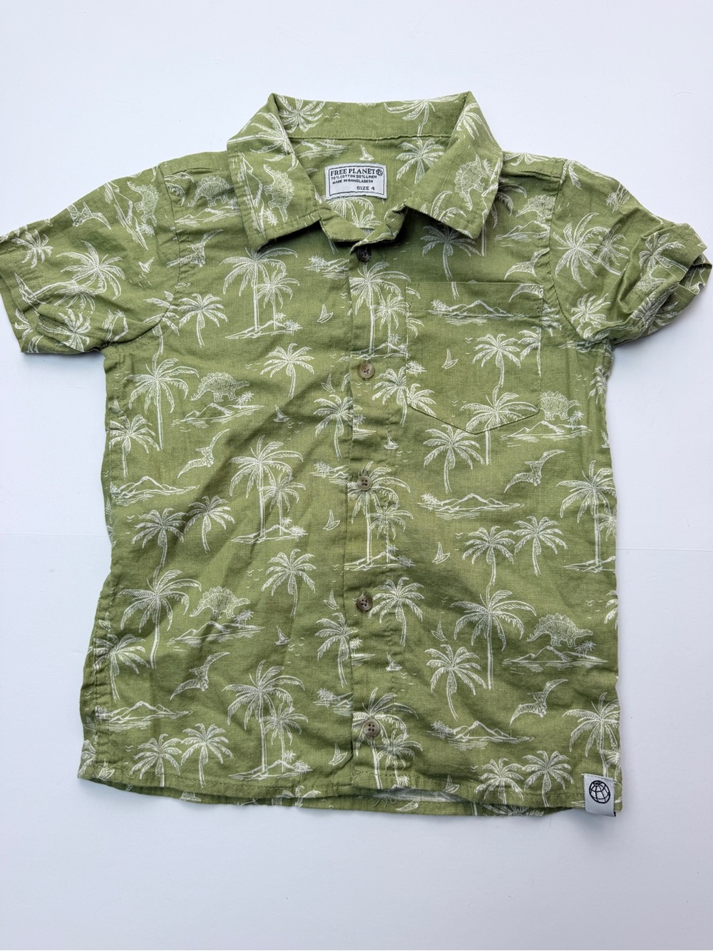 Free Planet Boys Size 4 Green Dinosaur Palm Tree Hawaiian Shirt Cotton Linen